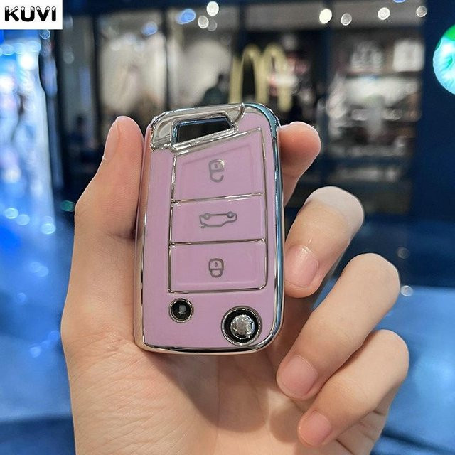 Kuvi TPU-Autoschlüsseletui mit Schlüsselanhänger für VW Golf 7 MK7, Tiguan MK2, SEAT Ateca, Leon FR, Ibiza und Skoda Octavia in Violett - Bild 1