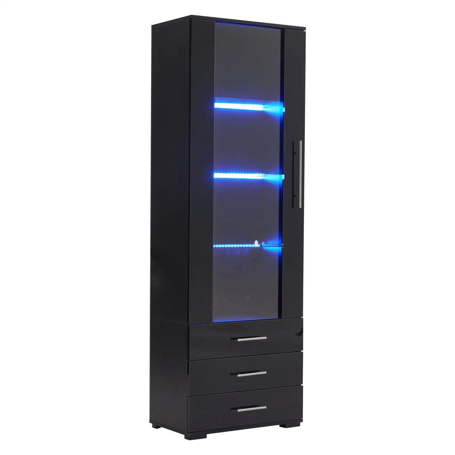 okwish Vitrine mit LED Beleuchtung und Schubladen in Schwarz, moderne Glasvitrine für das Wohnzimmer, B/T/H: 60 x 35 x 180 cm - Bild 2