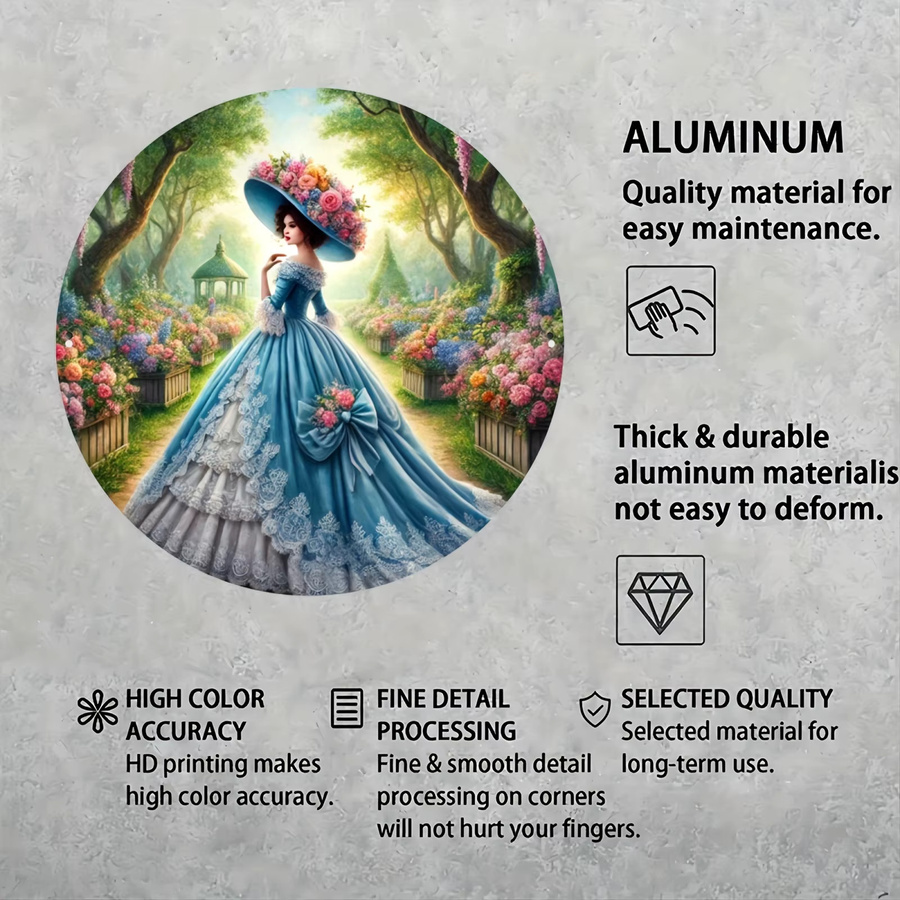 Potdemiel Metallwandkunst Viktorianisches blaues Kleid mit Blumenmuster, rundes Aluminiumschild, Durchmesser: 20 cm - Bild 3