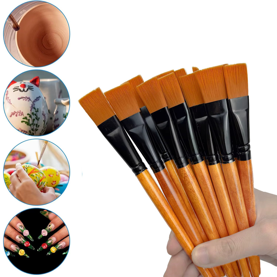 12 Stück flache Bastelpinsel aus synthetischem Nylon mit Holzgriff in Braun und Multicolour für Öl- und Acrylmalerei - Bild 4