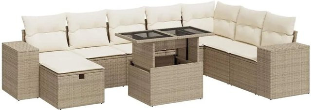 vidaXL 9-tlg. Garten-Sofagarnitur aus Poly-Rattan in Beige mit Kissen und Couchtisch für Terrasse und Garten - Bild 1