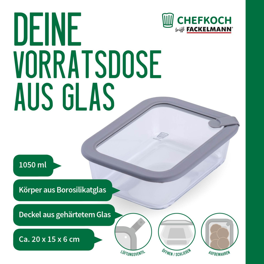 Fackelmann Chefkoch Vorratsdose aus Glas, eckig, transparent, 1,05 l - Bild 3