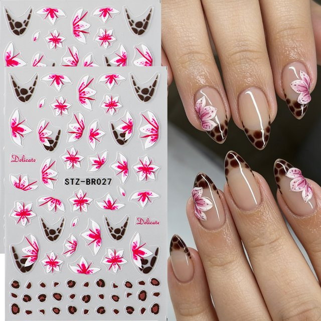 Full Beauty Nagelkunst-Aufkleber, Blumen- und Leopardenmuster, Rosa-Weiß, Glänzend - Bild 1