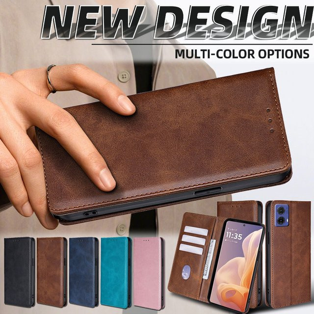 Magnetische Leder-Brieftasche mit Kartenfächern als Flip-Etui für Motorola E14 G64 G64Y G85 G54 Moto G Power G Play G 5G 2024 in Schwarz und Braun - Bild 1
