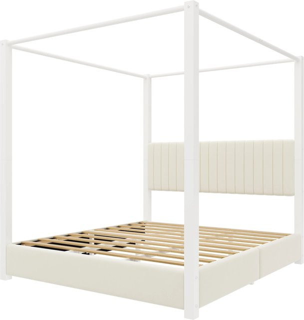 Merax Polsterbett mit Himmelbett aus Metall und Stoff in Beige und Weiß, B/T/H: 180 x 200 x 206 cm - Bild 1