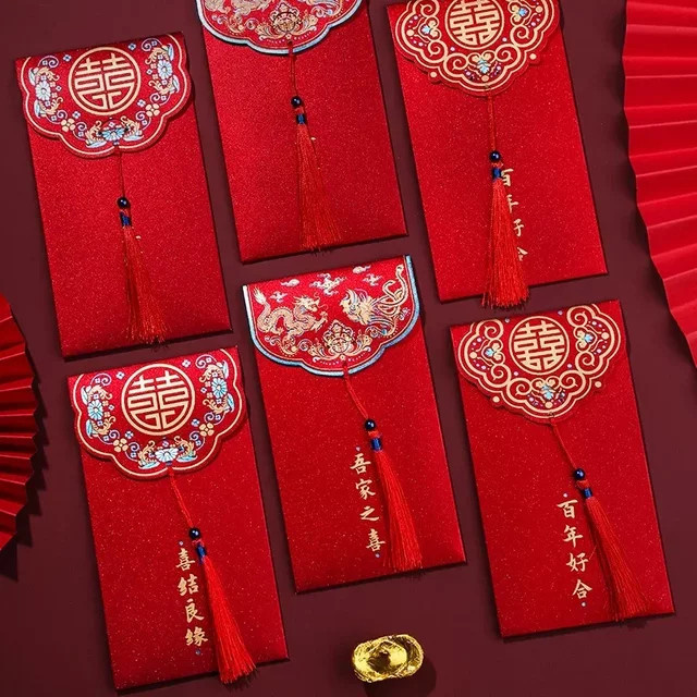 3er-Set Traditionelle Chinesische Rote Umschläge mit Quaste für Hochzeiten und Glücksbringer in Rot - Bild 1