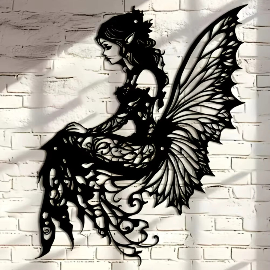 CIFBUY Metallwandkunst Elfen und Schmetterlinge in Schwarz als filigrane Eisenskulptur für die Gartendekoration - Bild 2