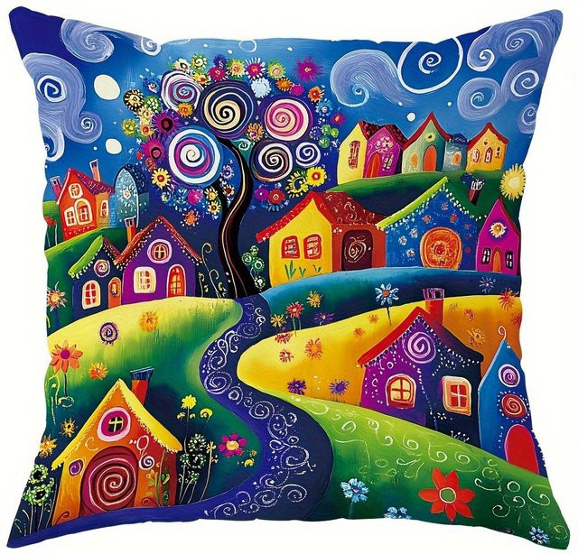 JMG Clothing Kissenbezug mit buntem Dorf- und Baummuster, Mehrfarbig, B/H: 45 x 45 cm - Bild 1