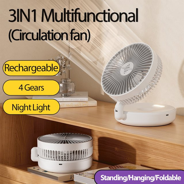 HAOYUNMA 3-in-1 Multifunktions-Desktop-Lüfter in Grau, wiederaufladbarer und wandmontierbarer Ventilator mit 4 Geschwindigkeiten, 90 Grad faltbar und warmem Nachtlicht - Bild 1