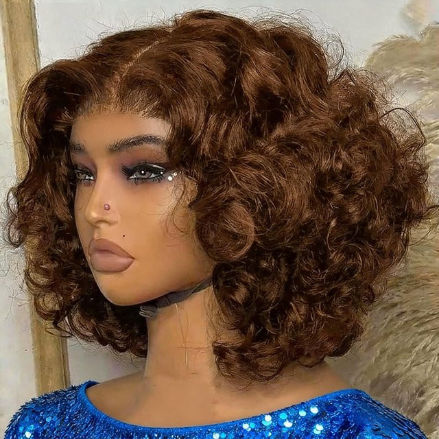 HJ WEAVE BEAUTY Bob-Perücke, Echthaar, schokoladenbraun, gewellt, 250 Dichte - Bild 1