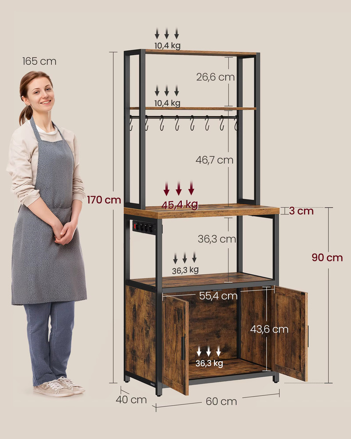 VASAGLE Küchenregal im Industrial Design mit Steckdosen und 8 Haken, Farbe: Vintagebraun-Mattschwarz, Höhe: 90 cm - Bild 5