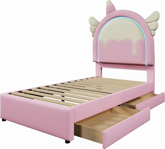 okwish Polsterbett mit Einhorn-Design in Rosa, inklusive Leuchtleiste und 2 Schubladen, B/T/H: 90 x 200 x 137,5 cm - Bild 1