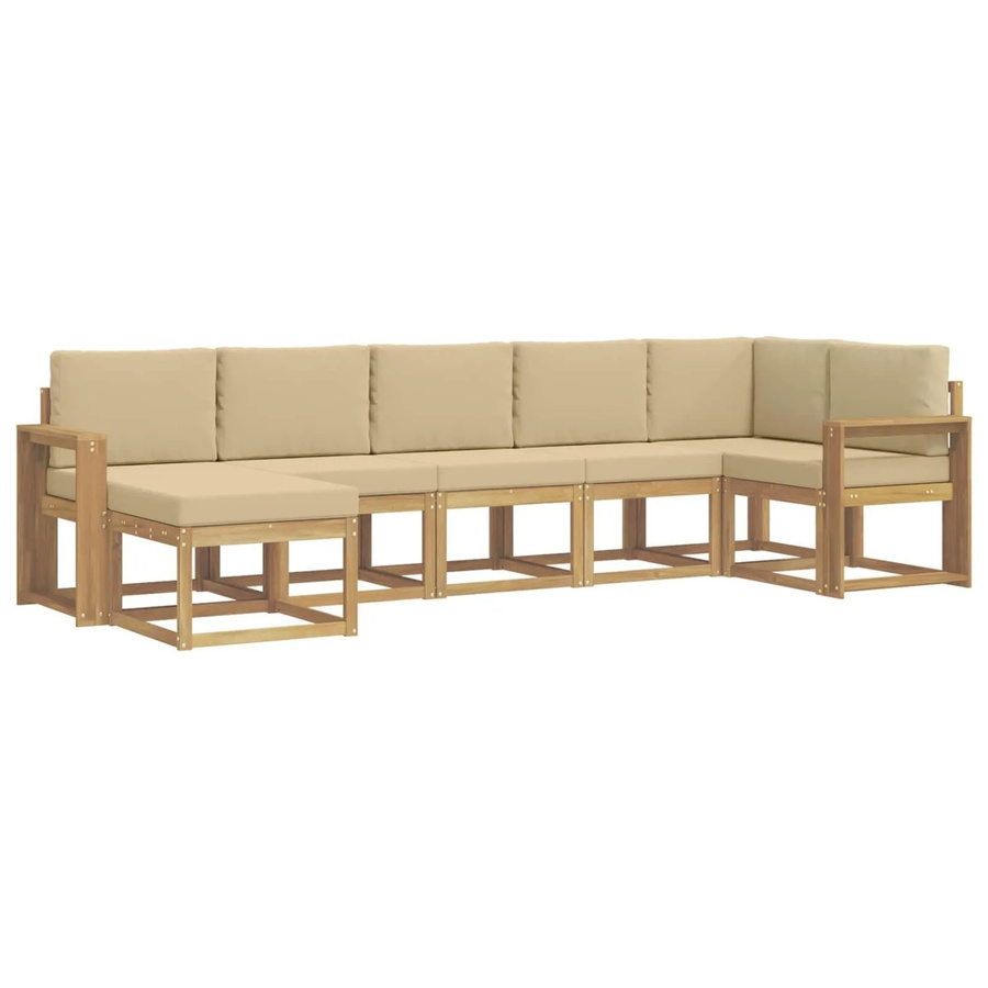 vidaXL Outdoor-Sofagarnitur 7-teilig in L-Form mit Kissen und Ottoman, Akazienholz und Polyester, Weiß und Beige - Bild 2
