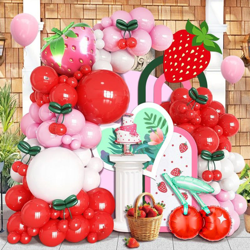 112-teiliges Party-Ballonkranz-Set mit Obstmotiv in Rosa, Rot und Weiß inklusive Kirsch- und Erdbeer-Folienballons - Bild 1