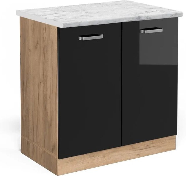 Vicco Spülenunterschrank R-Line in Schwarz Hochglanz und Goldkraft Eiche mit Marmor-Optik, Breite: 80 cm, Höhe: 81,6 cm, Tiefe: 46 cm - Bild 1