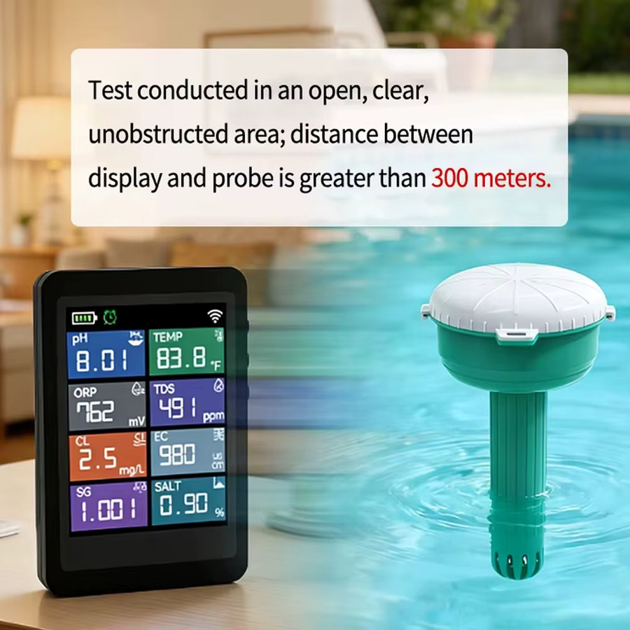 Smartes Tuya WiFi Pool-Wassermessgerät von JUANJUAN in Weiß – Schwimmender 8 in 1 Wasserqualitätstester für PH, Chlor, EC, TDS, Salz, S.G, ORP und Temperatur - Bild 3