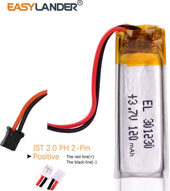 JST PHR-2-BK Li-Ionen-Polymer-Akku mit 2,02 Pin, 3,7 V und 120 mAh in Schwarz und Silber - Bild 1