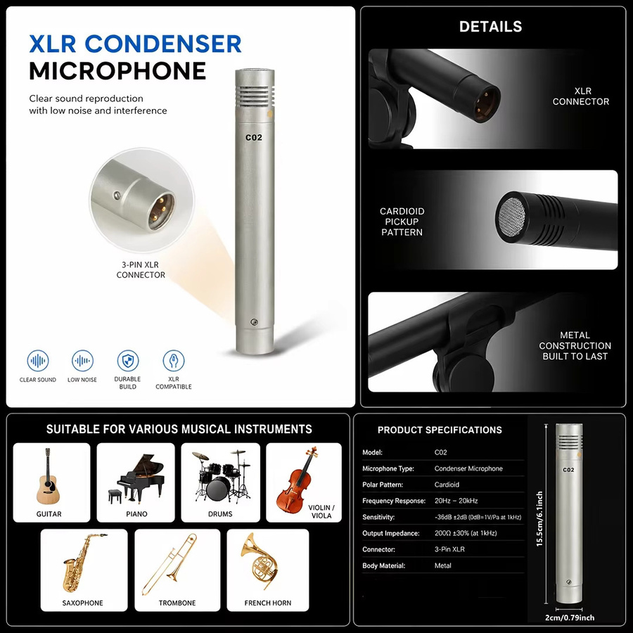 LexiNova C02 Kondensator-Stiftmikrofon mit kleiner Membran in Silber für Gitarre, Klavier, Violine und Saxophon in Studio und Bühne - Bild 3