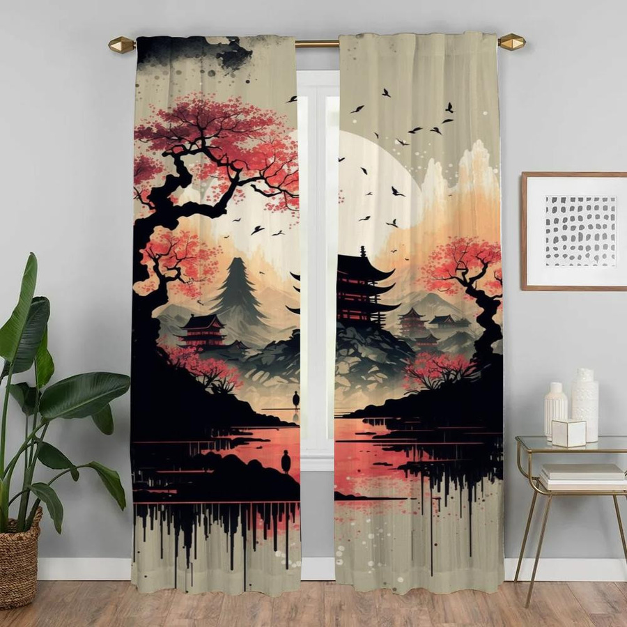 2er-Set Moderne Wohnzimmervorhänge im japanischen Stil mit Halloween-Motiv, halbtransparent, Mehrfarbig, B: 50 cm, H: 70 cm - Bild 1