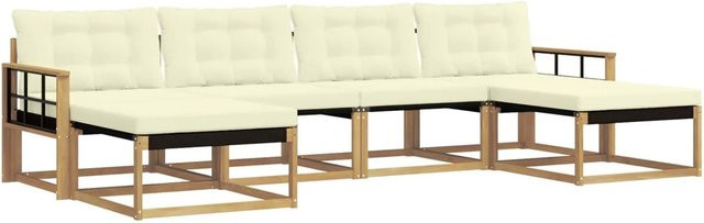 vidaXL Outdoor-Sofagarnitur in L-Form aus Akazienholz mit Textilene und Kissen, Weiß und Beige - Bild 1