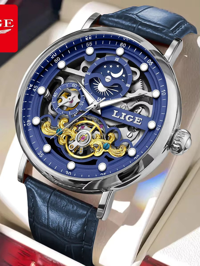LIGE Armbanduhr Automatik, Mondphasen, Leder, Roségold, Herren - Bild 7