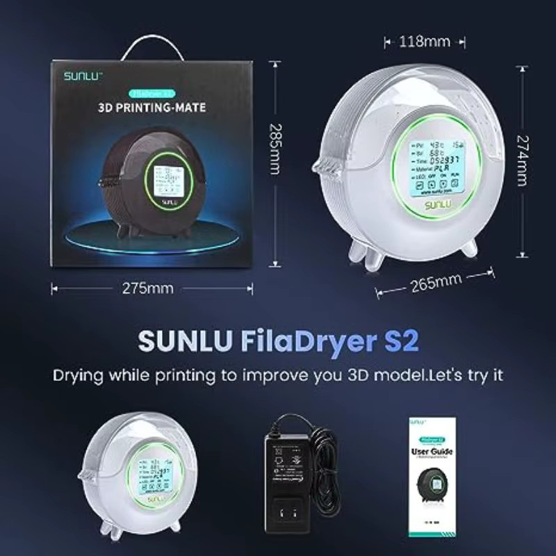 SUNLU S2 Filament-Trocknerbox in Schwarz mit 4,6-Zoll-LCD-Luftfeuchtigkeitsanzeige für PLA, ABS, PA und PC, geeignet für 1,75 mm bis 3,0 mm Filament - Bild 5