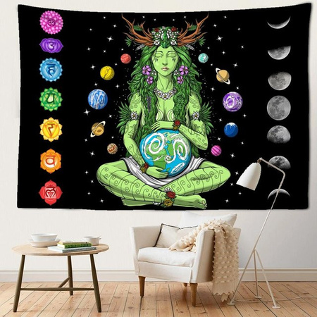 Boho Wandteppich Super Six Grünes Mädchen mit Sieben Chakra Motiv, Abstrakte Psychedelic Kunst in Grün und Schwarz, Breite: 95 cm, Höhe: 70 cm