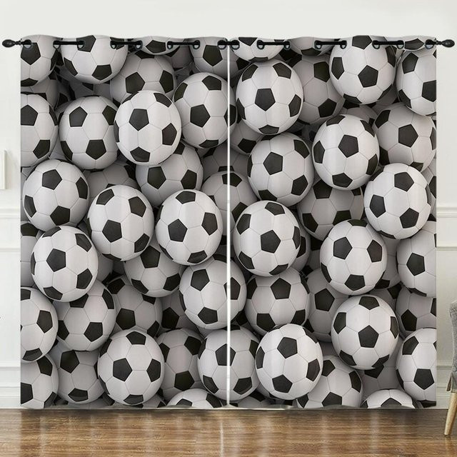 2er-Set Fußball Graffiti Kinder Vorhänge aus Polyester mit Haken, halbtransparentes Design für Wohnzimmer und Schlafzimmer, B: 60 cm, H: 60 cm - Bild 1
