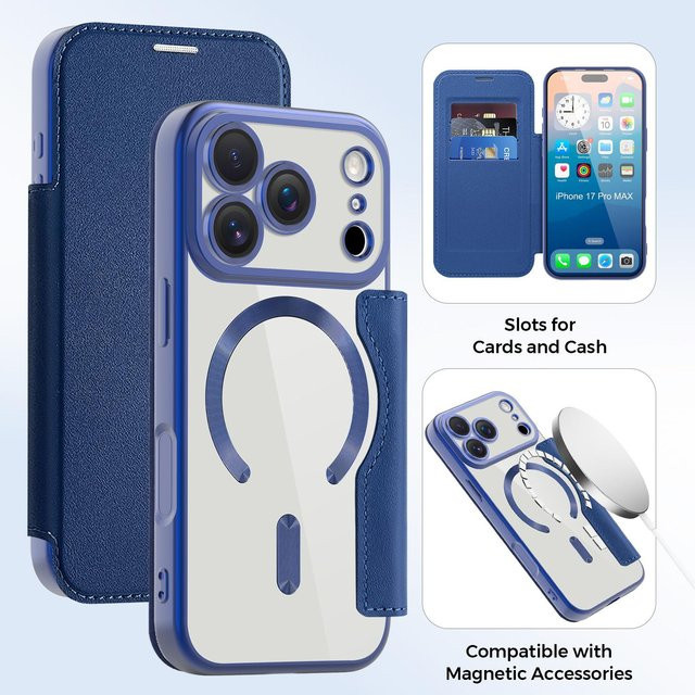 Transparente Klapp-Leder-Magnet-Hülle für iPhone 16 15 14 13 12 Pro Max Plus mit MagSafe Unterstützung in Grau - Bild 1