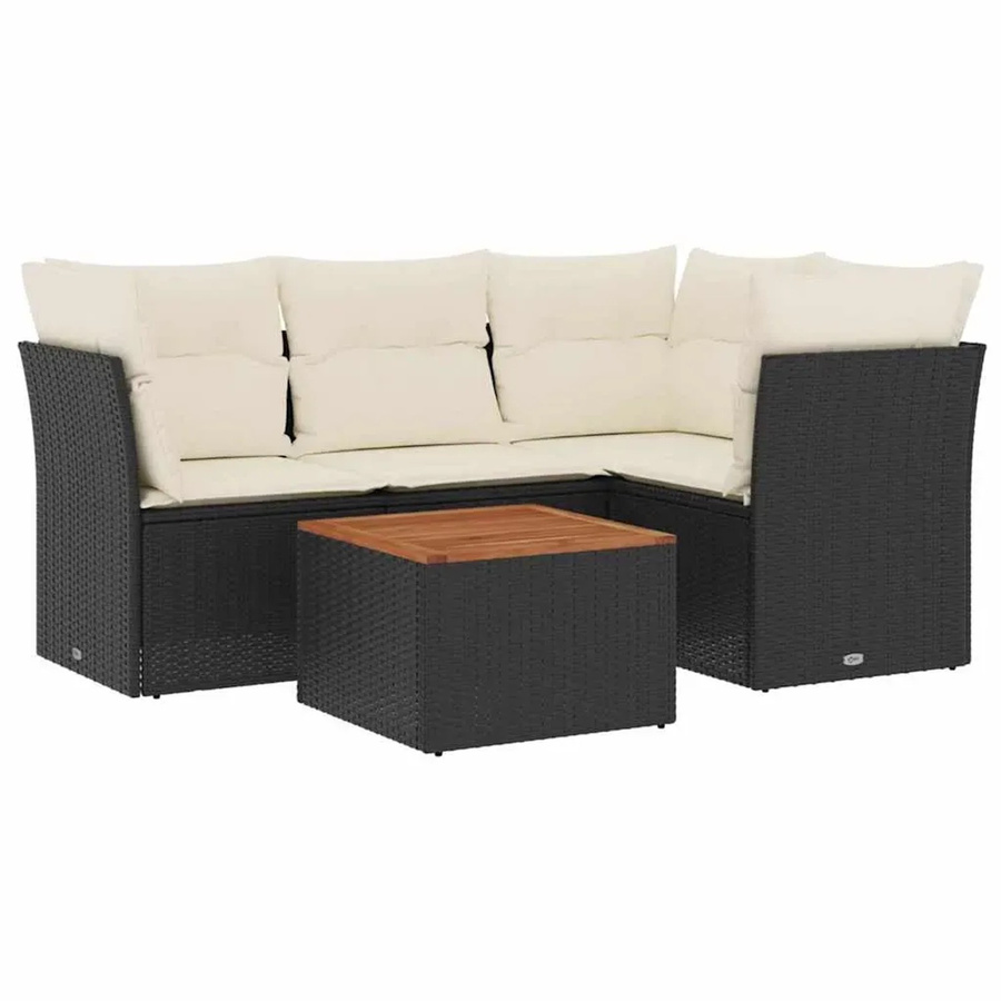 vidaXL 5-teilige Garten-Sofagarnitur in L-Form aus Poly-Rattan und Akazienholz mit Kissen in Schwarz-Creme - Bild 2