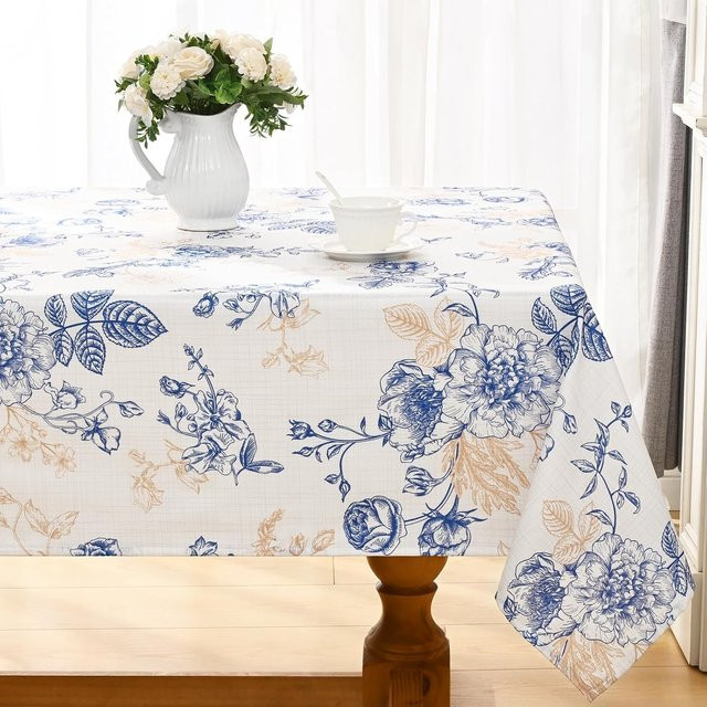 Wasserdichte Tischdecke JINGYUE Pet in Blau mit floralem Vintage-Design, rechteckig, B/T: 100 x 160 cm - Bild 1