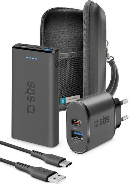 SBS Reise-Kit mit Organizer, 10000 mAh Powerbank, Wandladegerät und USB-C-Kabel in Schwarz - Bild 1