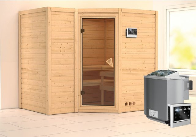 Karibu Massivholzsauna SAHIB 2 in Natur mit BioKombiofen 9,0 kW, Ganzglastür in Bronze, B/T/H: 236 x 184 x 212 cm - Bild 1