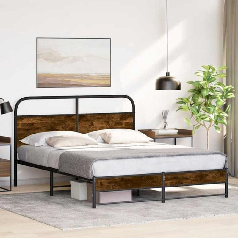 Bettgestell aus Holzwerkstoff und Stahl von Vidaxl in Braun im Industrial-Stil, B/T/H: 150 x 200 cm - Bild 1