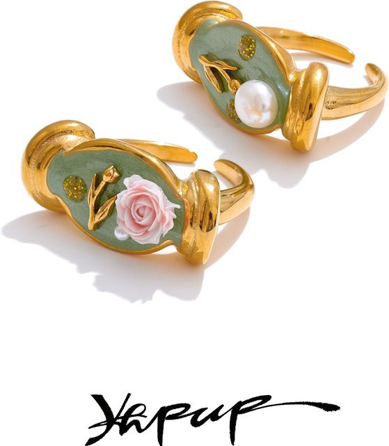 Yhpup Ring, Edelstahl, Gold, Perle, Flower - Bild 1