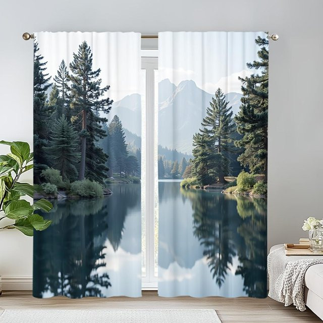Tonnika Chen Set aus 2 Verdunkelungsvorhängen mit Waldsee-Landschaftsdruck aus Polyester, Farbe Schwarz, B: 100 cm, H: 70 cm - Bild 1