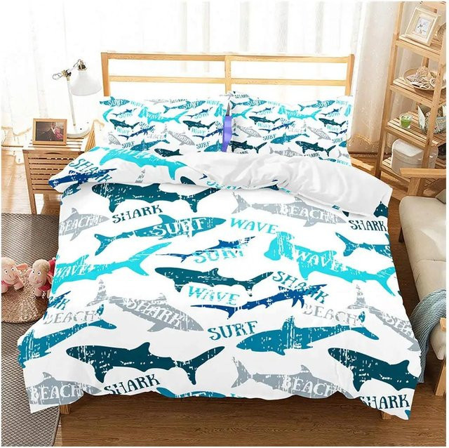 Bettbezug mit Hai-Fisch-Print für Kinder und Teenager in Blau und Weiß, Set aus 2 Teilen, B/H: 135 x 200 cm - Bild 1