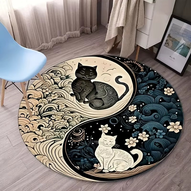 VIKAMA Runde Fußmatte im chinesischen Stil mit Tai-Chi-Yin-Yang-Katzen-Motiv, Wellen- und Blumenmuster, Multicolour, Durchmesser: 80 cm - Bild 4