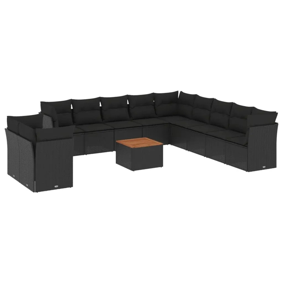 vidaXL 12-teilige Garten-Sofagarnitur in L-Form aus Polyrattan und Akazienholz mit Kissen in Schwarz - Bild 2