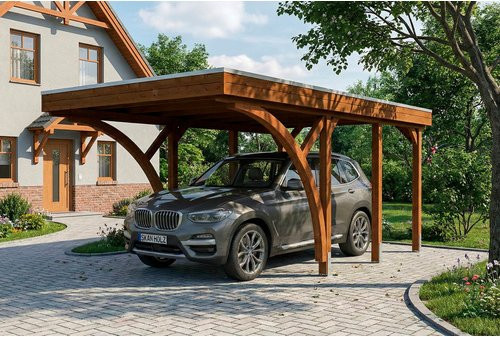 SKANHOLZ Carport Friesland aus Fichte mit zwei Einfahrtsbögen und Flachdach in Nussbaum Braun, B/T/H: 320 x 555 x 239 cm - Bild 1