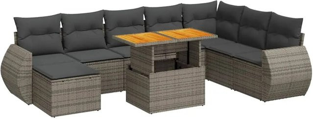 vidaXL 9-teilige Garten-Sofagarnitur in L-Form aus grauem Poly-Rattan mit Kissen und Akazienholz - Bild 1