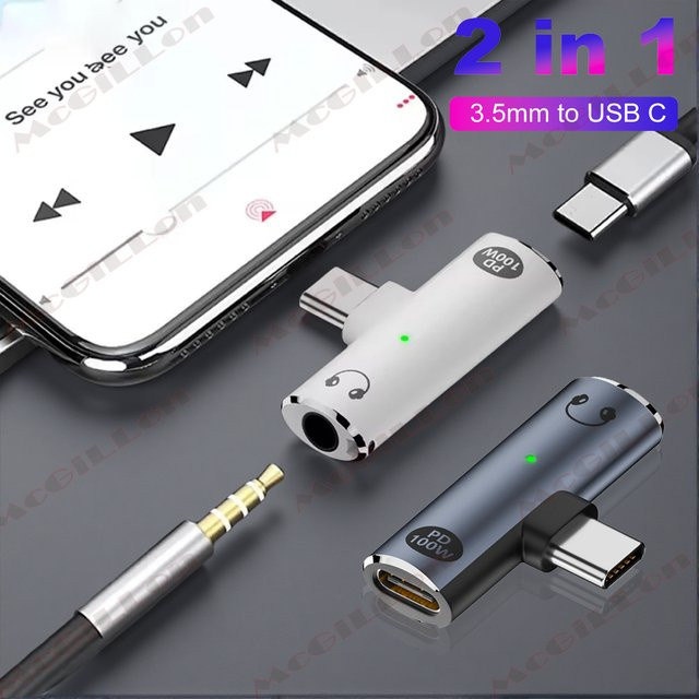 2-in-1 USB Typ C auf 3,5 mm Kopfhörer- und Ladegerät-Adapter mit PD 100 W Audio-Aux-Splitter in Weiß für Xiaomi Huawei iPhone - Bild 1