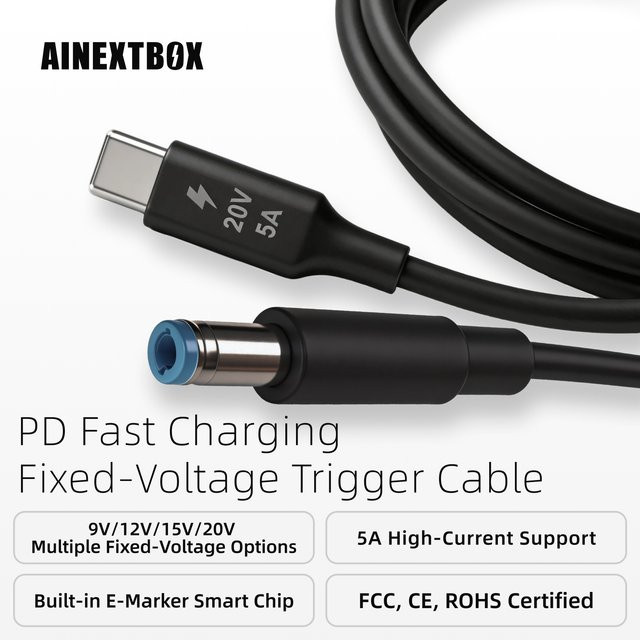 AINEXTBOX PD-Triggerkabel Typ-C auf DC Schnellladekabel 100W 5A 9-20V Schwarz - Bild 1