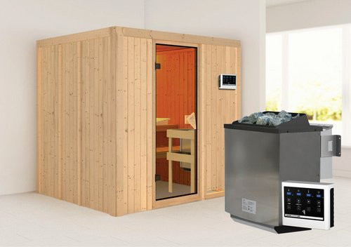 Karibu Sauna Rakvere aus Fichtenholz in Beige inklusive 9 kW Bio-Kombi-Saunaofen mit externer Steuerung für 3 Personen, B/T/H: 170 x 198 x 196 cm - Bild 1