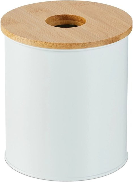 Relaxdays Kosmetikeimer aus Eisen und Bambus in Weiß mit Bambusdeckel, B/T/H: 15 x 13,5 x 15 cm - Bild 1
