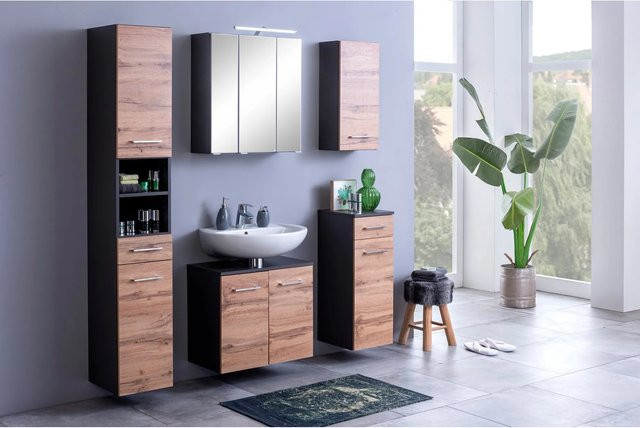 Held Möbel 2-tlg. Unterbecken-Set Molina Badezimmer-Set mit Unterbecken-Schrank und Spiegelschrank in Wotaneiche-Graphitgrau, Breite: 60 cm, Höhe: 54 cm, Tiefe: 35 cm - Bild 1