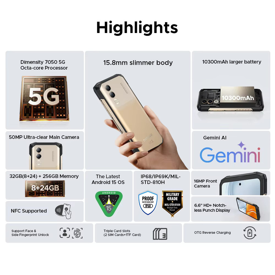 DOOGEE Blade20 Turbo 5G Robustes Smartphone in Gold mit 6,6 Zoll Display, 10300mAh Akku, 8GB RAM, 256GB Speicher, 50MP Kamera und Android 15 sowie NFC - Bild 2