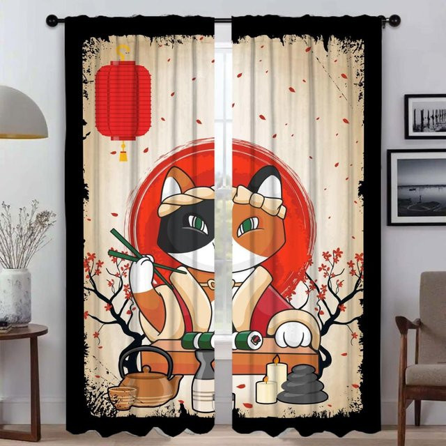 Sushi Katze Elegante Raumvorhänge mit Kamera-Blenden Motiv, 2 Stück, Mehrfarbig, Breite: 50 cm, Höhe: 70 cm - Bild 1