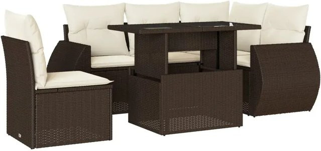 vidaXL 6-teilige Garten-Sofagarnitur in L-Form aus braunem Poly-Rattan mit cremeweißen Kissen und pulverbeschichtetem Stahlgestell - Bild 1