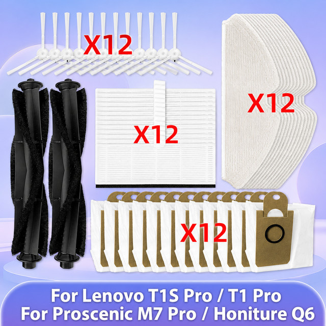 OSSIEAO Zubehör-Set für Lenovo T1S Pro, T1 Pro, Proscenic M7 Pro und Honiture Q6 bestehend aus Seitenbürstenabdeckung, Roller, HEPA-Filter, Wischtuch und Staubbeutel - Bild 1